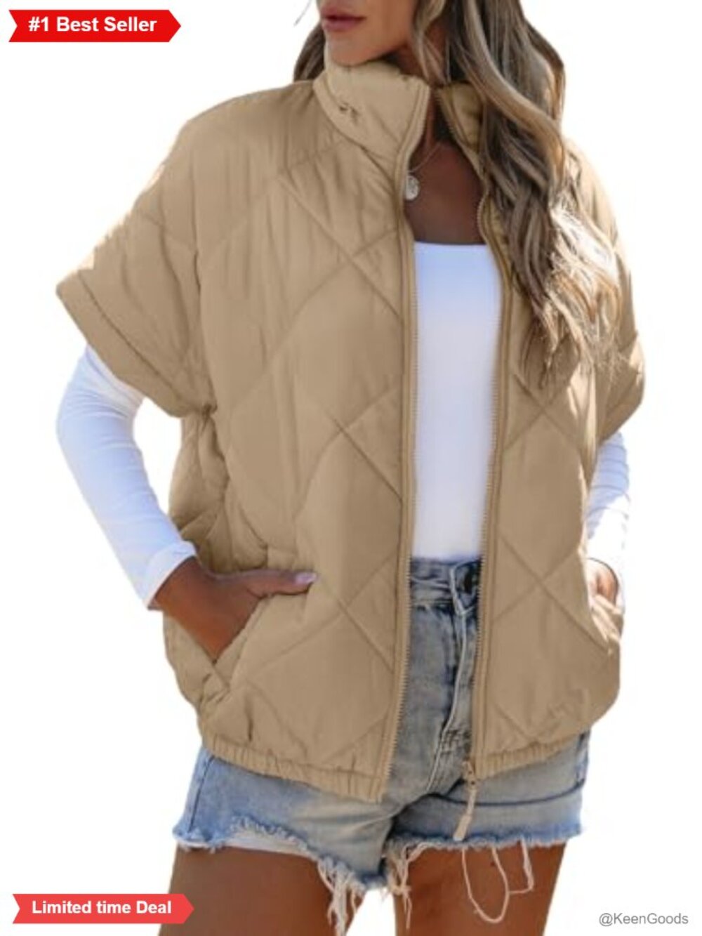 SHEWIN Quilted Vest Jacket Women's Lightweight Zip Up Puffer Short Sleeve Warm